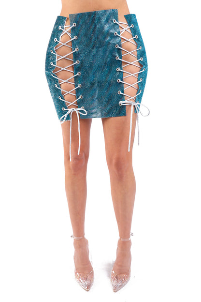 Teal Puce Juniper mini skirt with full rhinestones, lace-up sides, perfect for party and rave clubwear.