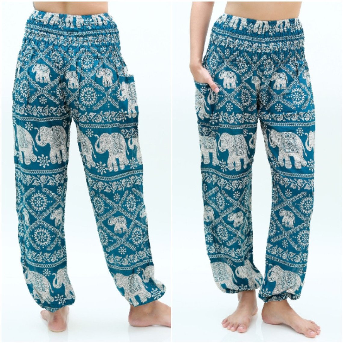 Teal Elephant print boho pants for women by Tan Smokey, featuring a relaxed fit, hippie style, ideal for yoga and casual wear.