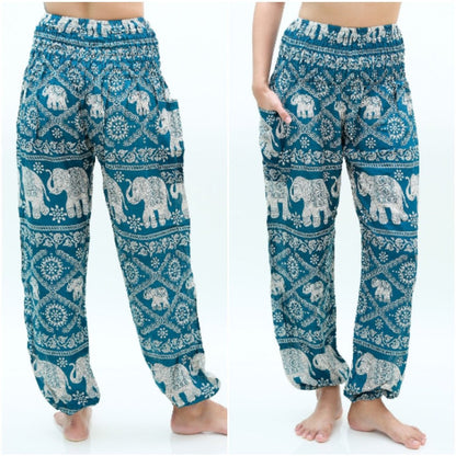 Teal Elephant print boho pants for women by Tan Smokey, featuring a relaxed fit, hippie style, ideal for yoga and casual wear.