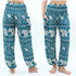 Teal Elephant print boho pants for women by Tan Smokey, featuring a relaxed fit, hippie style, ideal for yoga and casual wear.