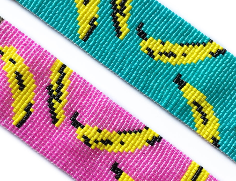 Pink and turquoise Bananas Bracelet by Yellow Athena featuring colorful banana-shaped beads on a flexible band.