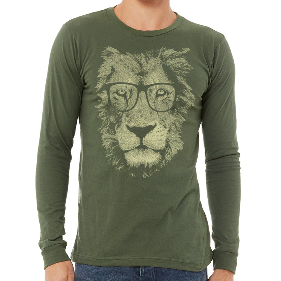 Indigo Tiger long sleeve T-shirt featuring a lion wearing glasses, with a detailed lion graphic on the front.