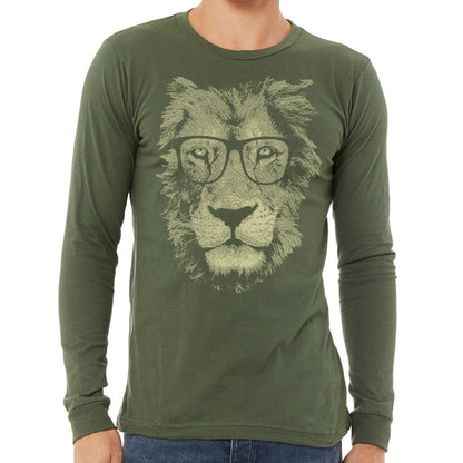 Indigo Tiger long sleeve T-shirt featuring a lion wearing glasses, with a detailed lion graphic on the front.