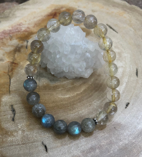 Citrine and blue flash labradorite stretch bracelet with natural gemstones, featuring vibrant yellow and iridescent blue stones.