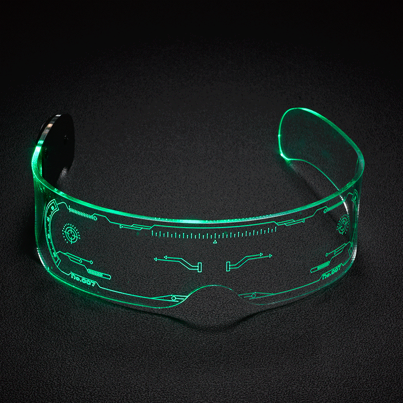 Lilac Milo cyberpunk LED goggles with seven colorful luminous glass lenses, stylish tech accessory with vibrant glow.