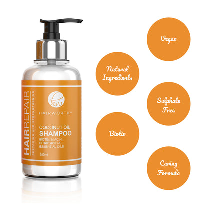 Black Sugarplum Hairworthy Hairrepair Shampoo bottle for damaged hair, with a sleek black and white design, in a bathroom setting.