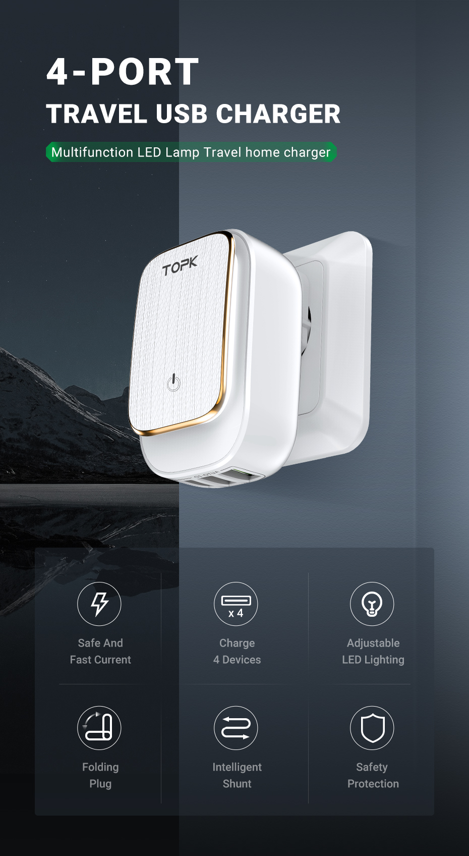 Teal Simba 4-port travel USB charger with LED lamp for iPhone, Samsung, and other mobile devices, compact and portable.