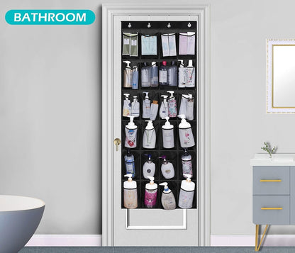 Turquoise Pandion over door shoe storage organizer with 24 pockets hanging on a door for closet organization.
