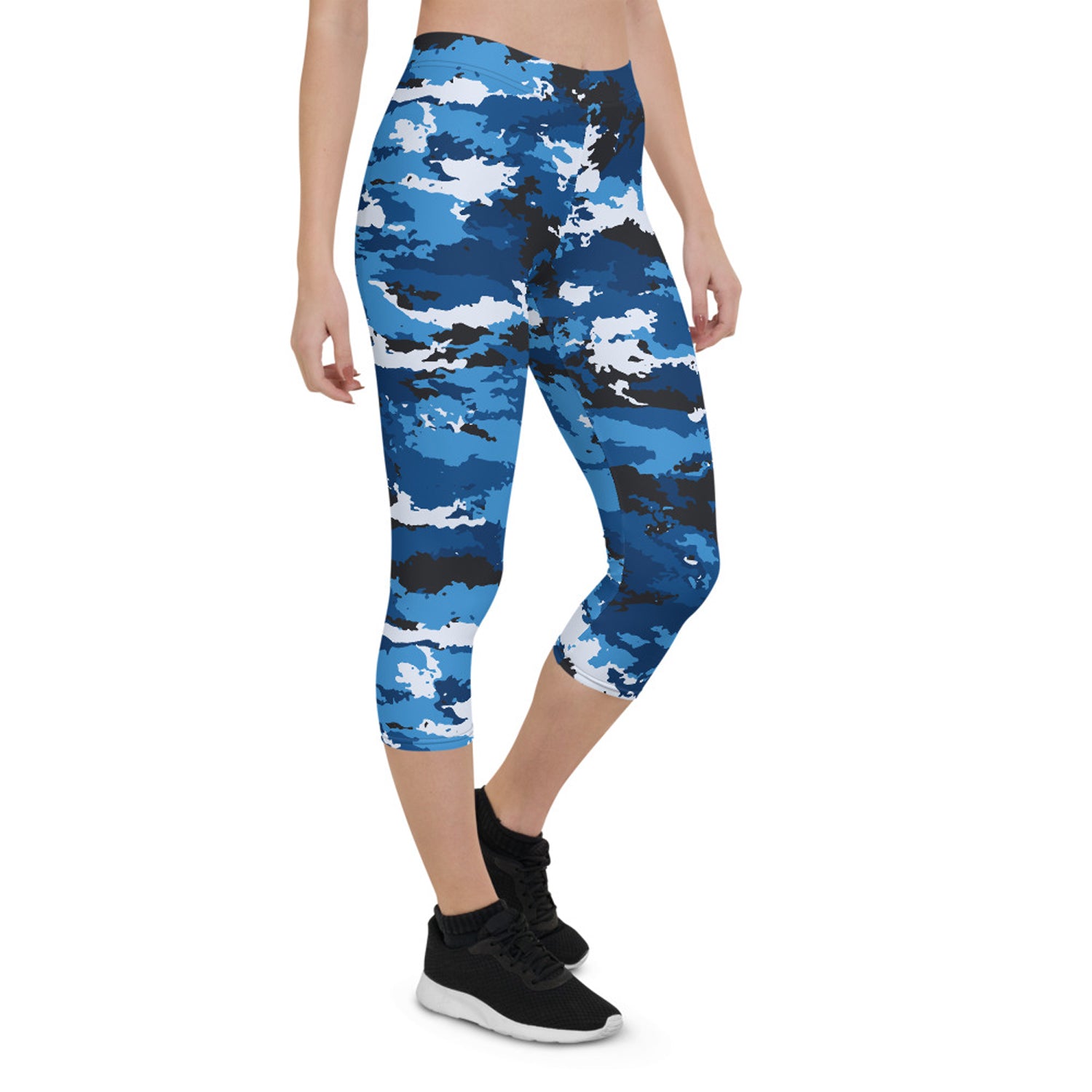 Blue camo Capri leggings for women by Maroon Sooty, activewear with a stretchy, form-fitting design for workout and casual wear.