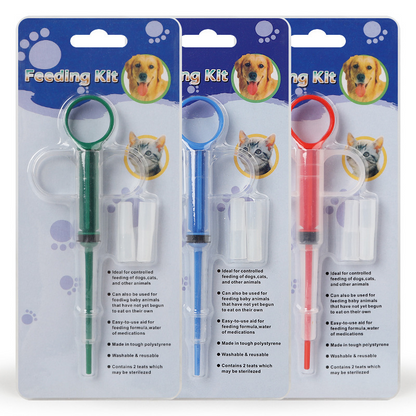 Lilac Milo pet medicine syringe and pill gun dispenser for administering tablets to pets, shown in the image.