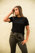 Black DT Alyssa Rib Knit Split Hem Tee by Lavender Danae, featuring ribbed fabric and stylish split hem detail.