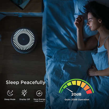 Teal Simba KOIOS air purifier with H13 HEPA filter for bedroom home improvement, showing the sleek appliance and filter inside.