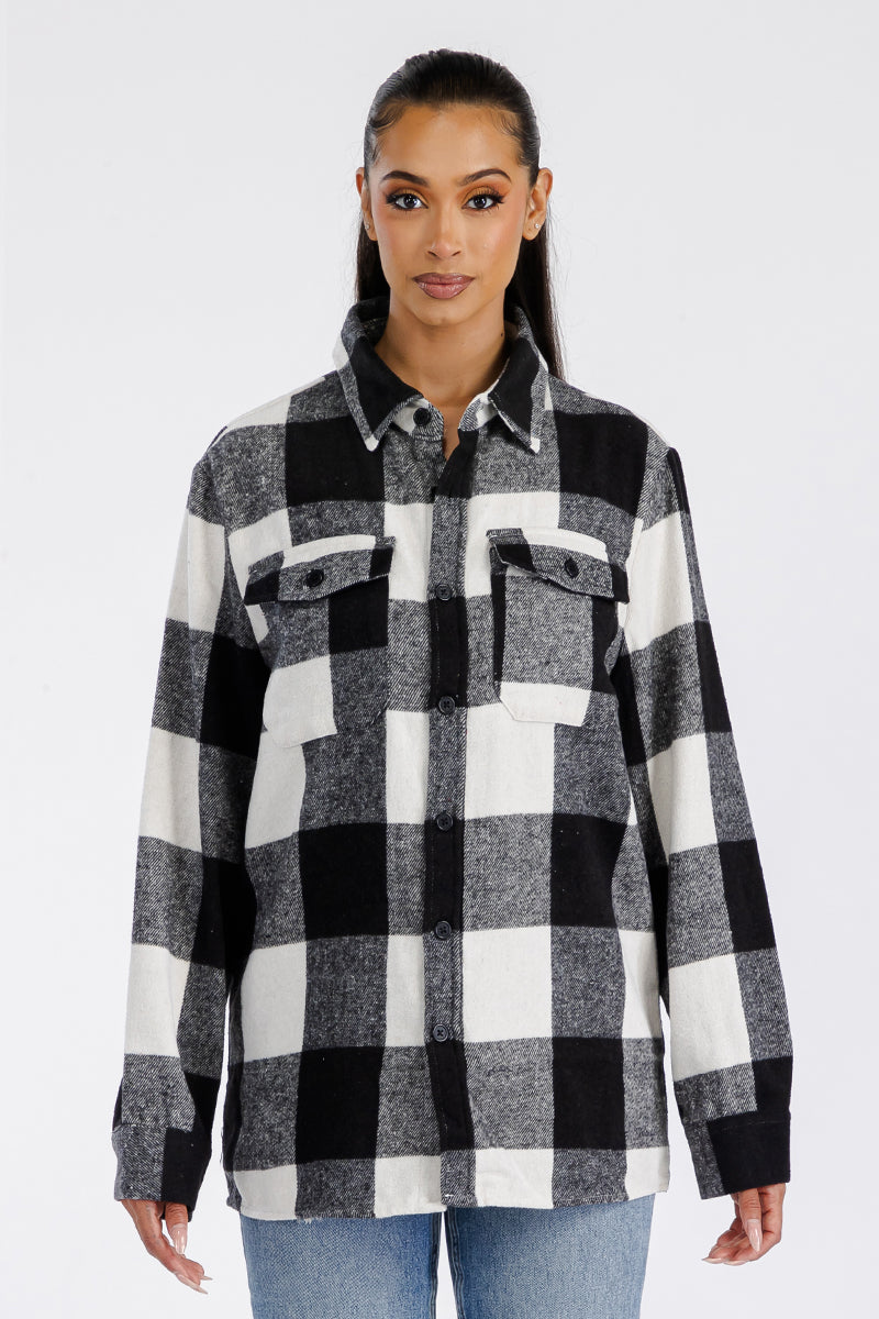 Lime Milo Boyfriend oversized soft flannel shacket in plaid pattern, casual jacket with button closure and relaxed fit.