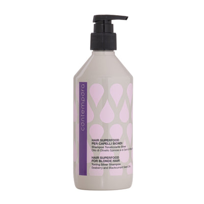 Pink Misty Contempora Hair Superfood Toning Silver Shampoo in a 500ml bottle, designed to neutralize yellow tones in blonde and gray hair.