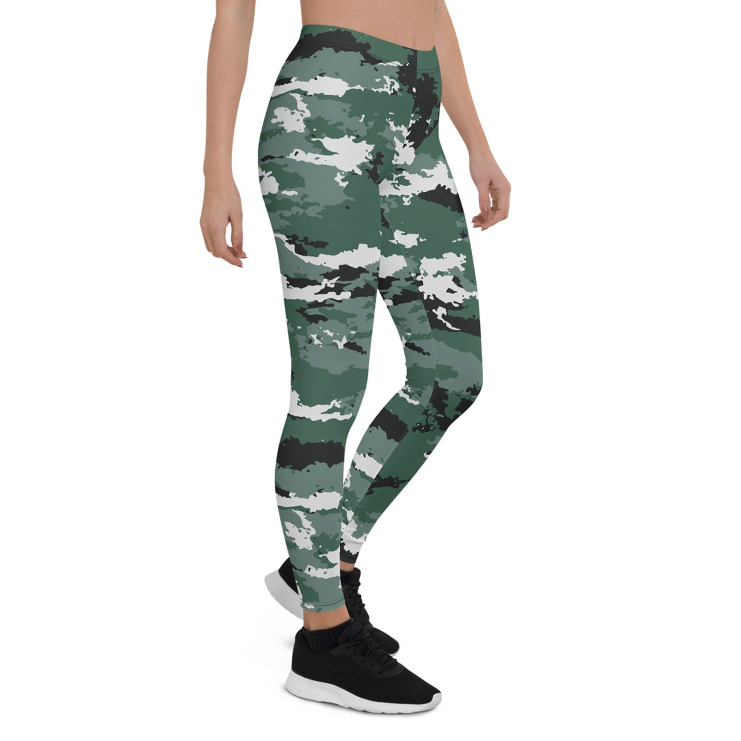 Earth green camouflage leggings for women by Maroon Sooty, featuring a fitted activewear design and breathable fabric.