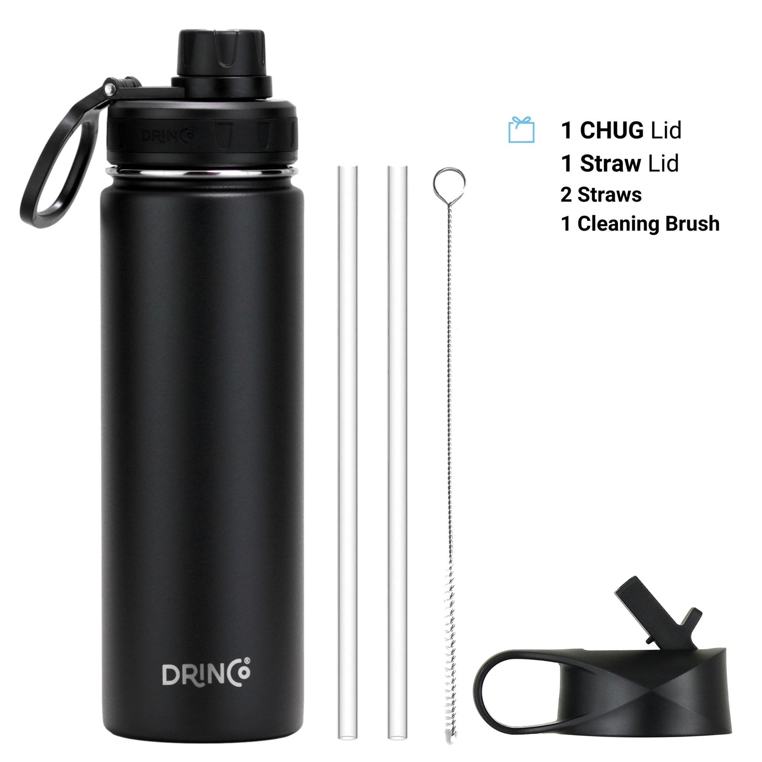 Black DRINCO® 22oz stainless steel sport water bottle by Orchid Lavender, with a sleek, durable design for active hydration.