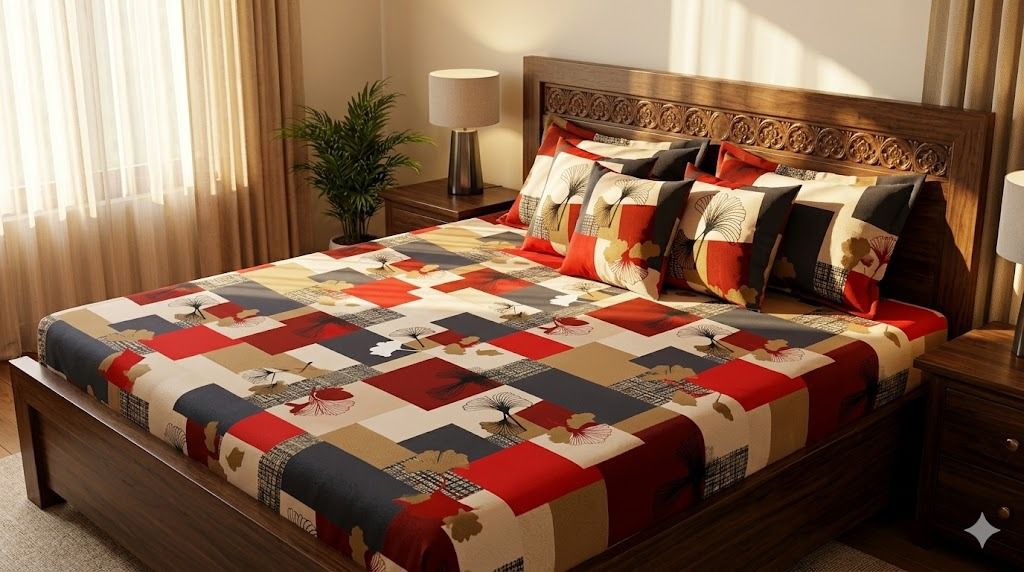 Abstract printed double bedsheet with matching pillow covers from Violet Achilles, featuring vibrant design on soft fabric.