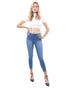 Blue Lazurite Talus high-waisted skinny jeans for women, close-up of fit and denim fabric detail.