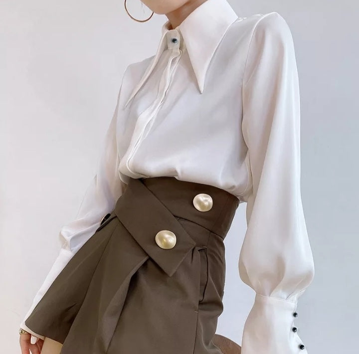 Mauve Ananke minimalist silk blouse with turn-down collar, vintage satin finish, long sleeves, ideal for autumn women&