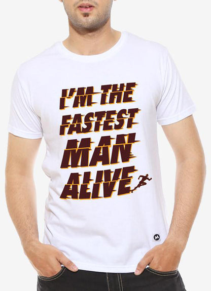 White Scorpius Fastest Man graphic T-shirt with half sleeves and bold print design on the front.