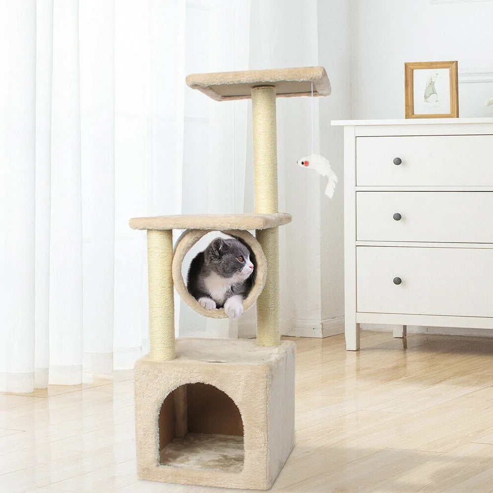 Yellow Pandora Cat Tree House Tower with multiple platforms and cozy hideouts for cats to climb and relax.