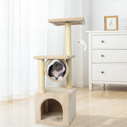 Yellow Pandora Cat Tree House Tower with multiple platforms and cozy hideouts for cats to climb and relax.