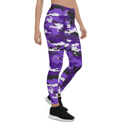 Purple camo leggings for women by Maroon Sooty, stylish activewear with a fitted design and vibrant camouflage pattern.