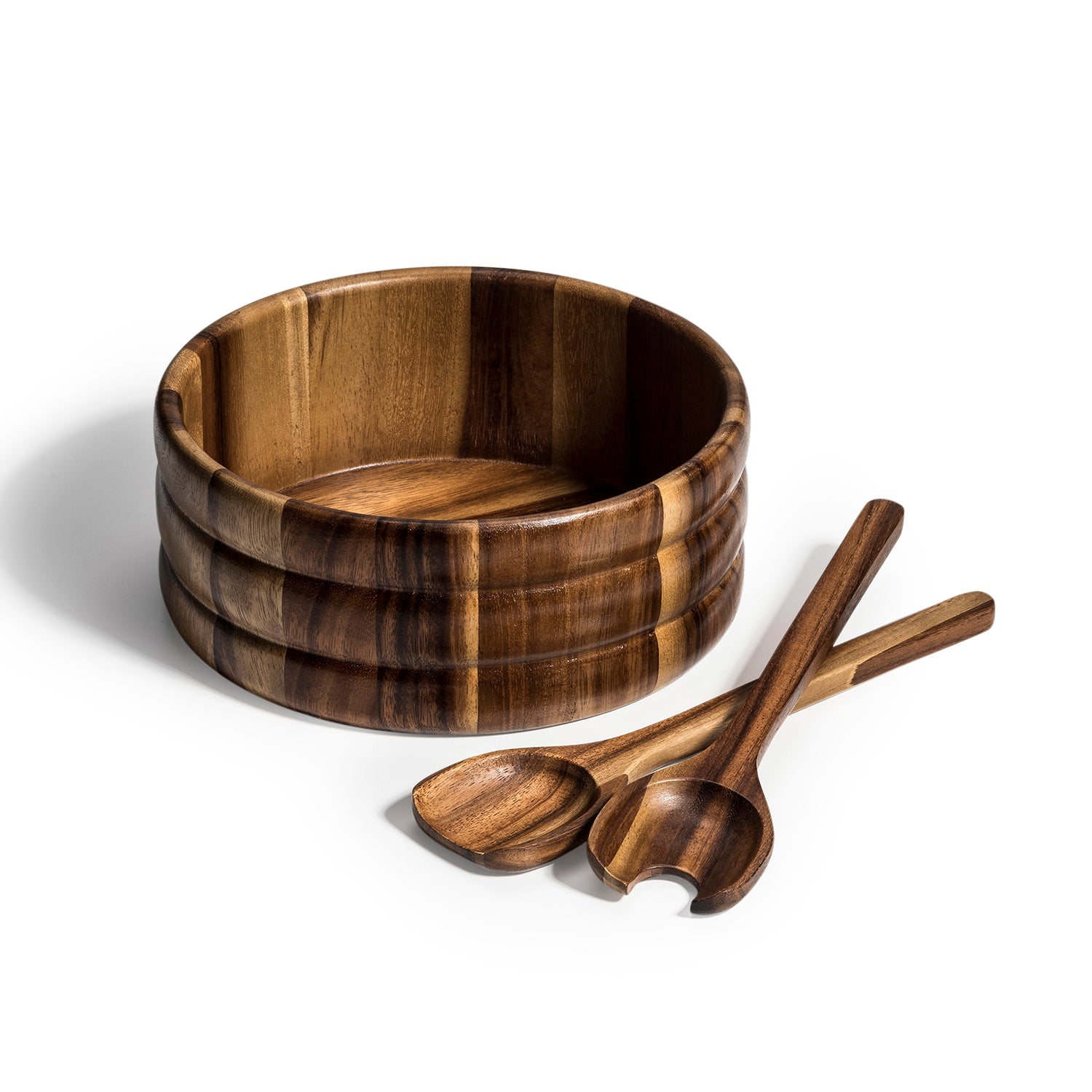 Azure Lily salad bowl with matching servers, made of clear glass, perfect for serving salads at home or gatherings.