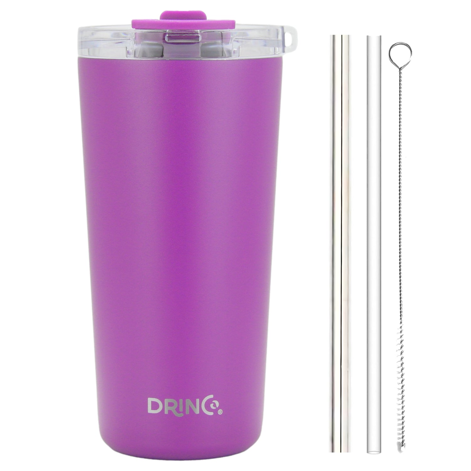 Purple DRINCO® 20oz insulated tumbler with spill-proof lid and two straws, featuring Orchid Lavender branding.