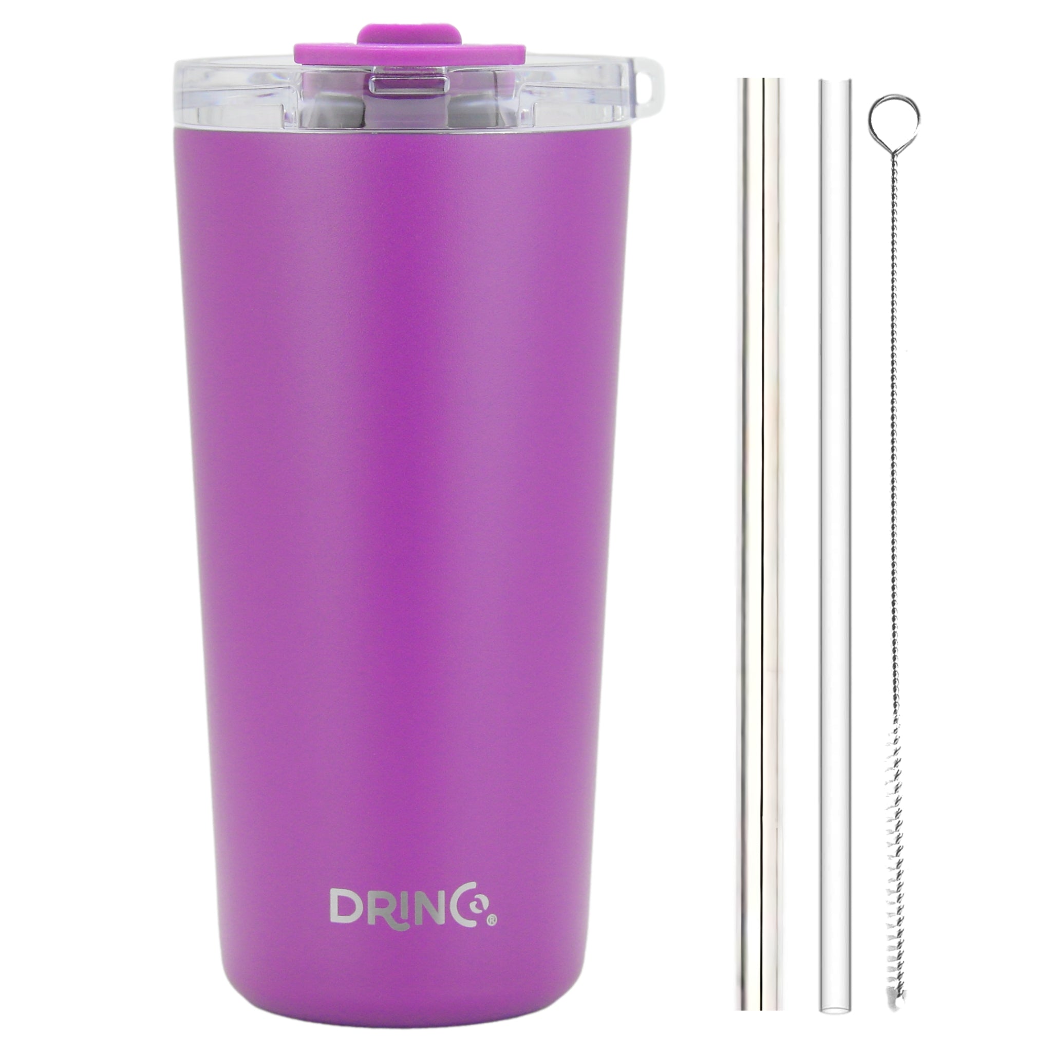 Purple DRINCO® 20oz insulated tumbler with spill-proof lid and two straws, featuring Orchid Lavender branding.