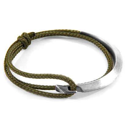 Khaki green Hove silver and rope bracelet by Magenta Sooty with woven rope detail and silver accents, close-up view of the bracelet.