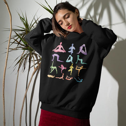 Yellow Pandora yoga-themed crewneck sweatshirt with a comfortable fit and colorful yoga-inspired design.