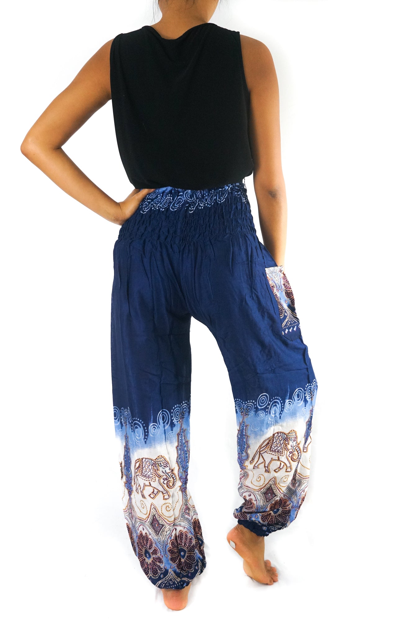 Blue Elephant women’s boho pants featuring a relaxed fit and hippie style, perfect for yoga or casual wear by Tan Smokey.