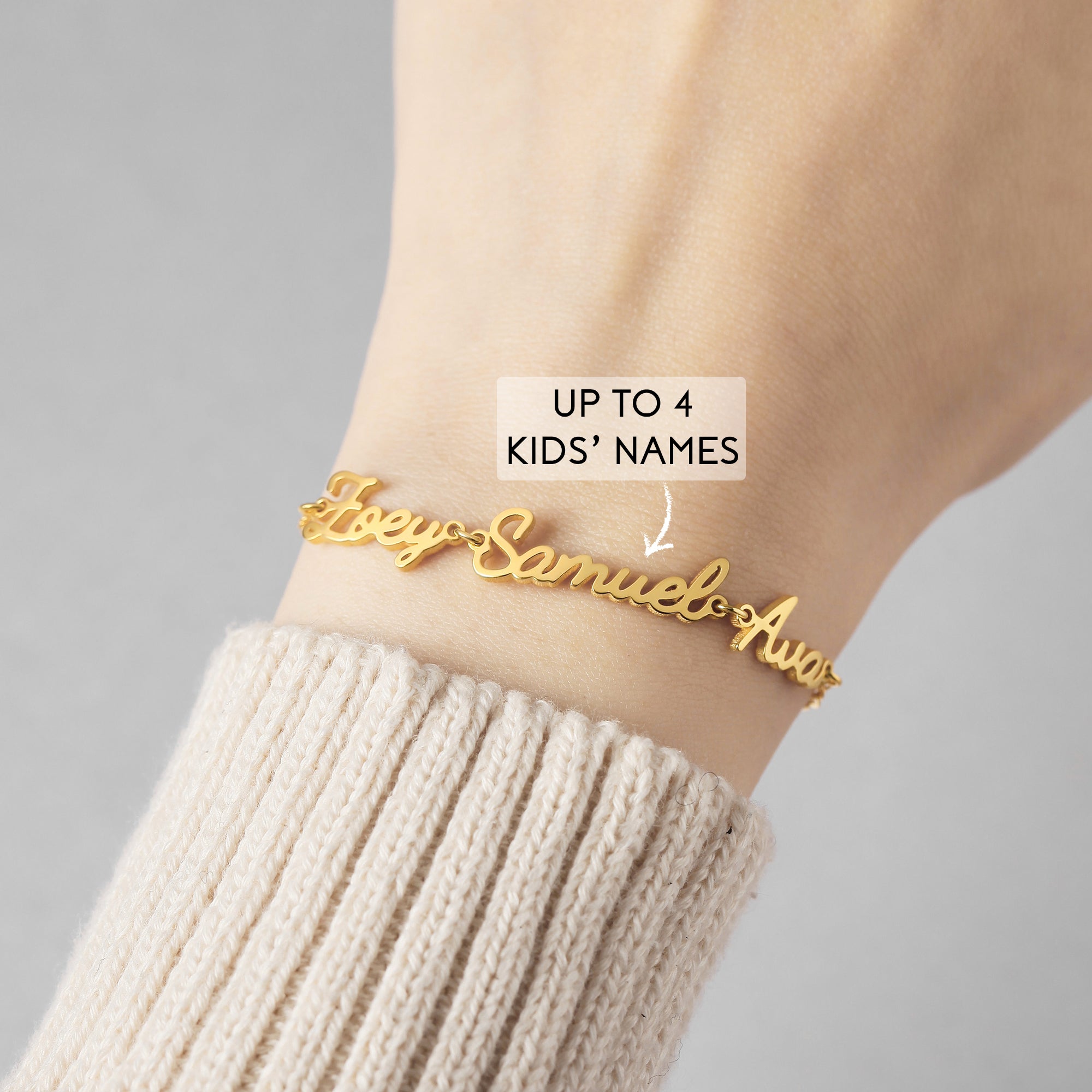 Green Millie mom bracelet with personalized kid names, adjustable mother bracelet featuring multiple engraved names.