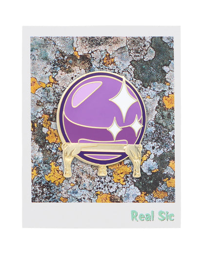 Fuchsia Thrace crystal ball enamel pin featuring occult and kawaii design, perfect for accessories and pin collections.