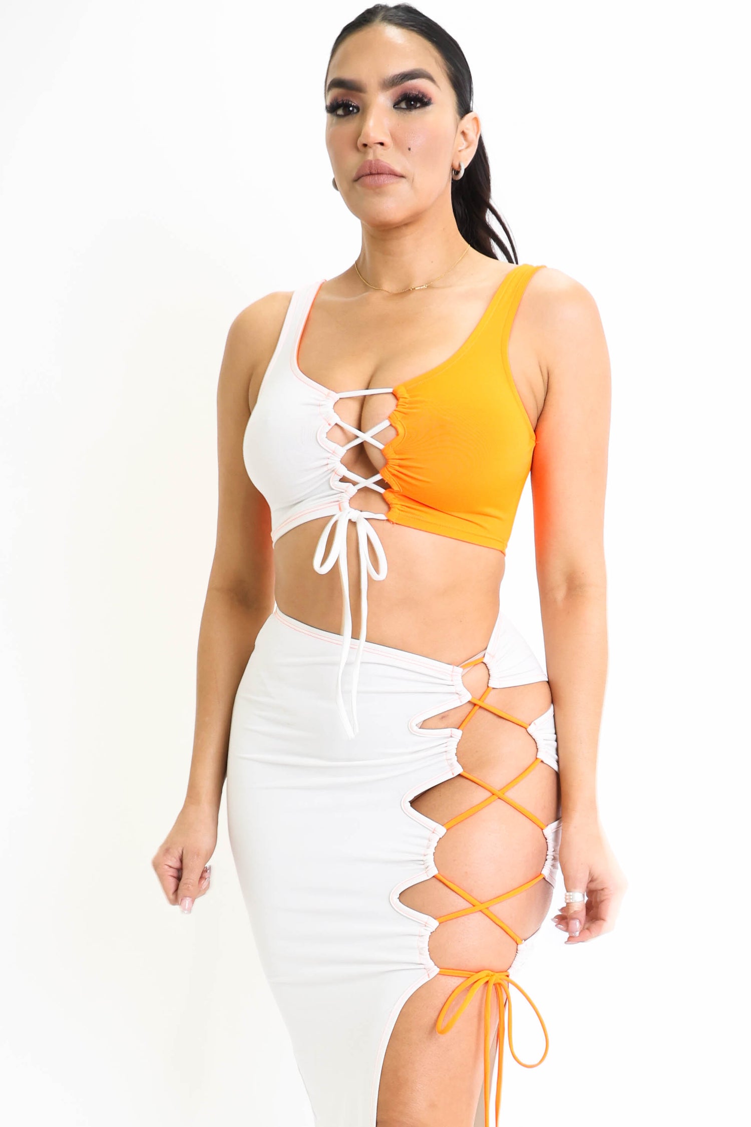 Puce Juniper ColorBlock side lace-up top and matching maxi skirt 2-piece outfit set, featuring bold color blocks and stylish design.