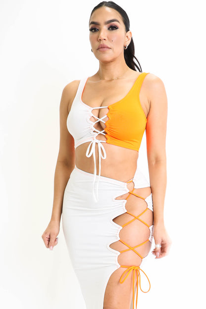 Puce Juniper ColorBlock side lace-up top and matching maxi skirt 2-piece outfit set, featuring bold color blocks and stylish design.