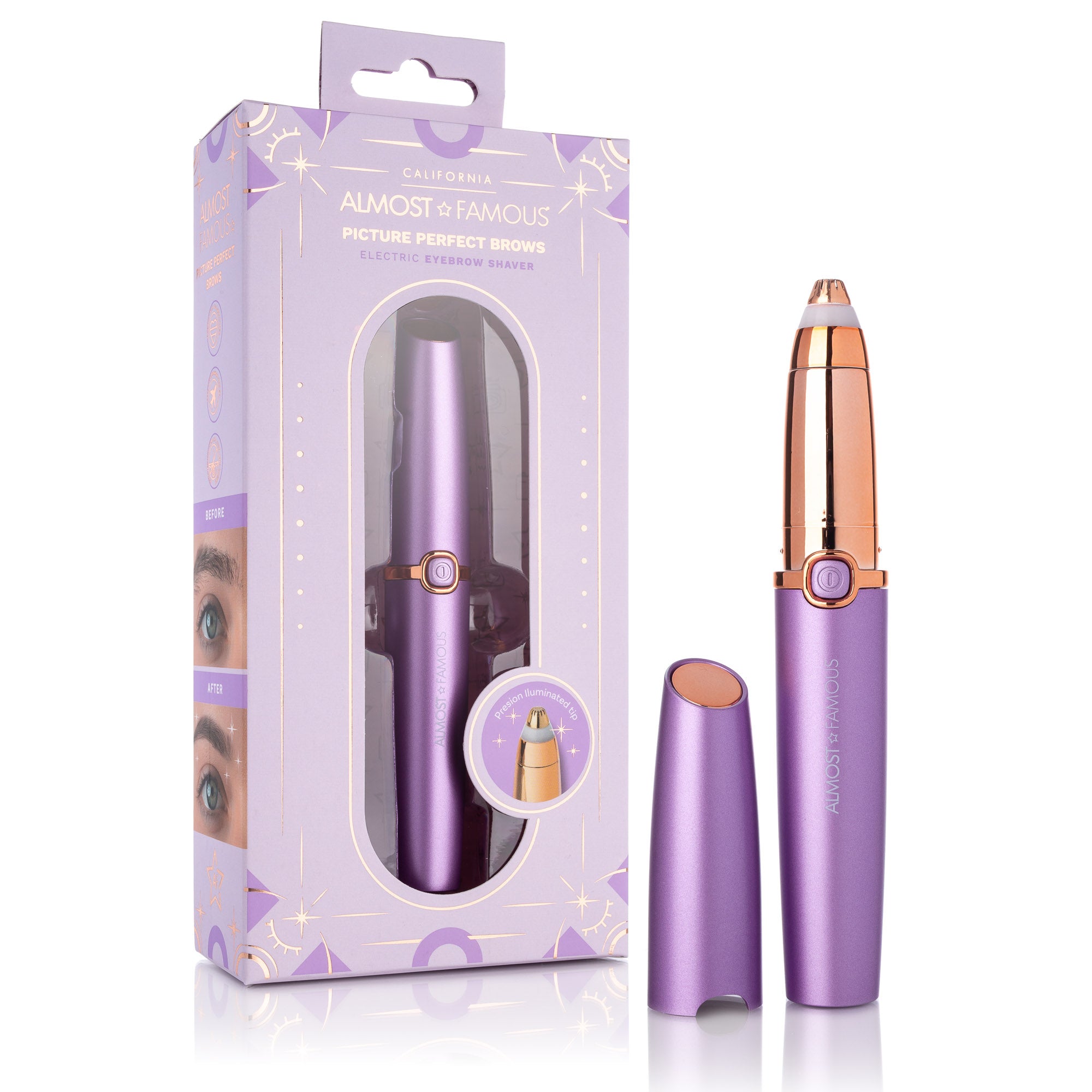 Sky Blue Thrace Almost Famous Precision Brow Shaver with rose gold accents, close-up of the sleek skincare tool in hand.