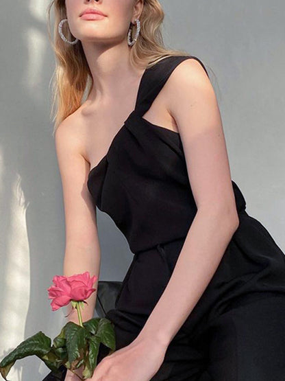 Mauve Ananke Fashionella one-shoulder sexy tank top in black, fitted sleeveless design with stylish shoulder detail.