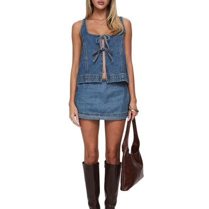 Carmine Juneberry Denim Days Lace-Up Set Haute Edition 25 matching denim top and pants with lace-up details and stylish fit.