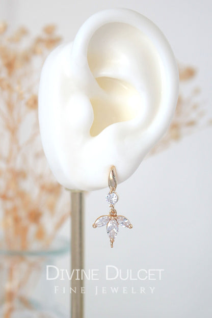 Ultramarine Birch "Bloom" 24K Cubic Zirconia Flower Petals Hook Earrings showing sparkling flower petal design and hook style.
