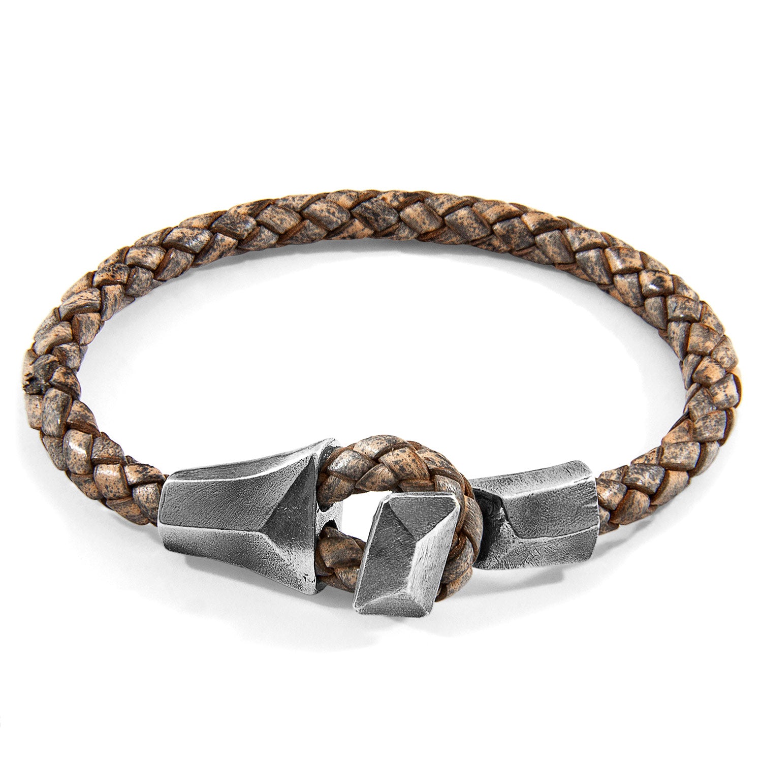 Taupe grey Alderney silver and braided leather bracelet by Magenta Sooty, featuring silver accents and intricate leather weaving.