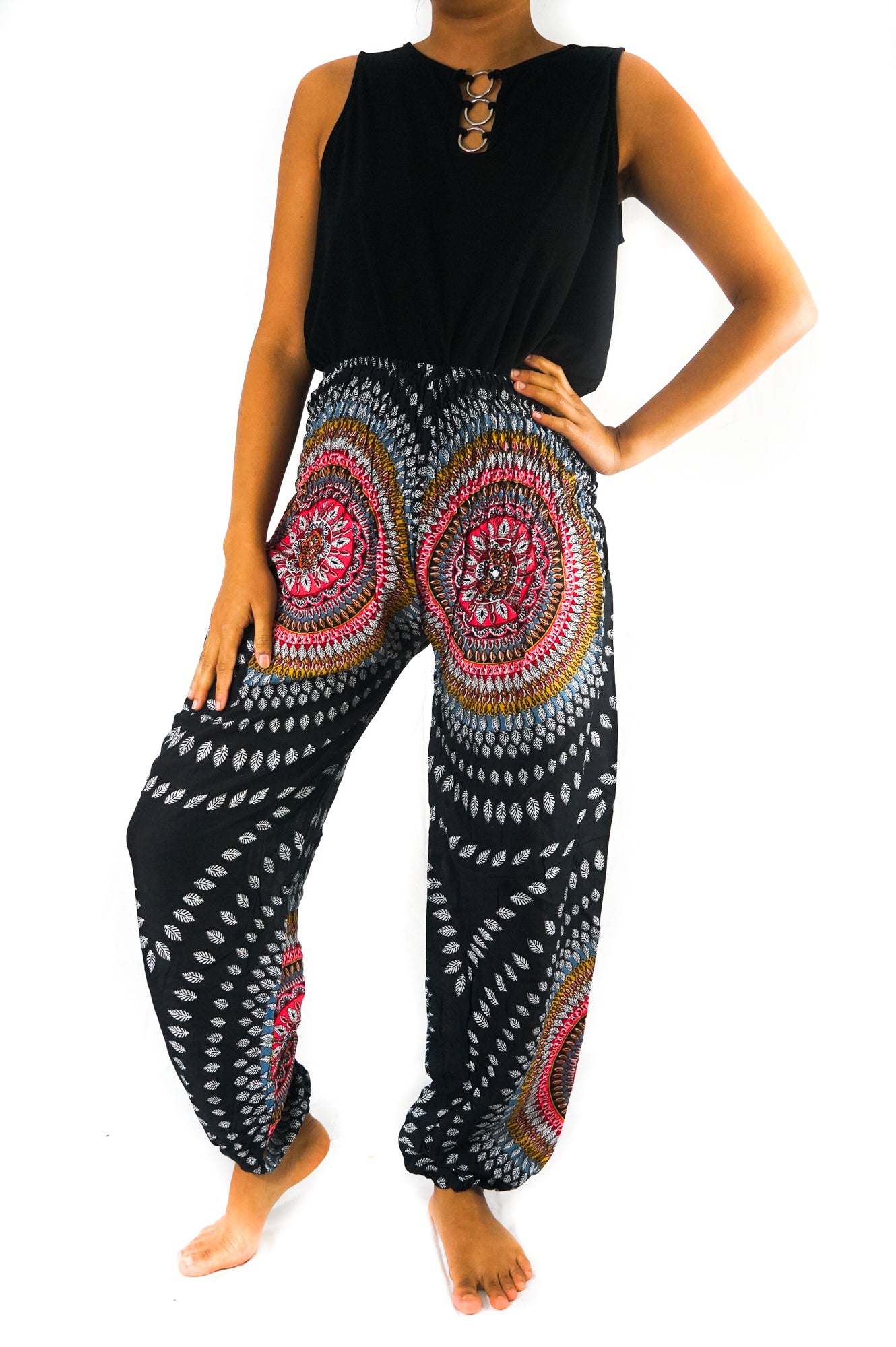 Black Lotus women’s boho harem pants by Tan Smokey featuring loose, comfortable hippie-style design and intricate patterns.