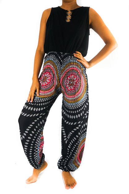 Black Lotus women’s boho harem pants by Tan Smokey featuring loose, comfortable hippie-style design and intricate patterns.