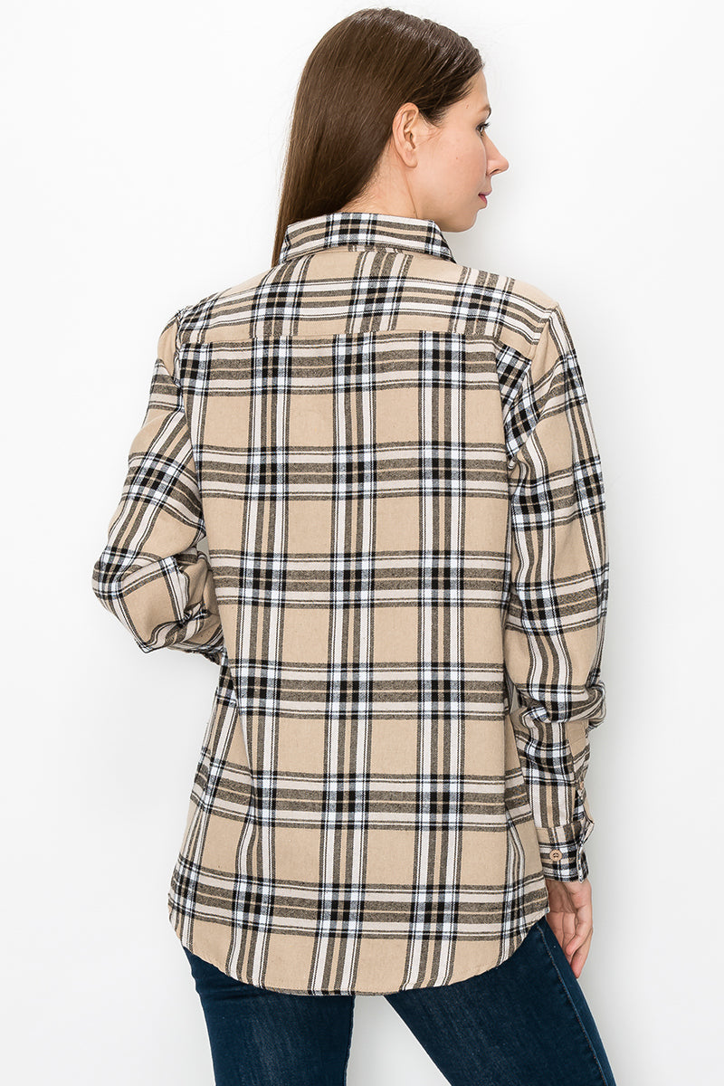 Lime Milo oversized boyfriend plaid checkered flannel top, casual long-sleeve blouse with a relaxed fit and classic pattern.
