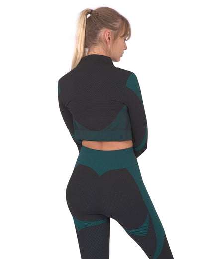 Lazurite Trois seamless sports jacket in black with blue accents, activewear, close-up of lightweight, fitted athletic jacket.