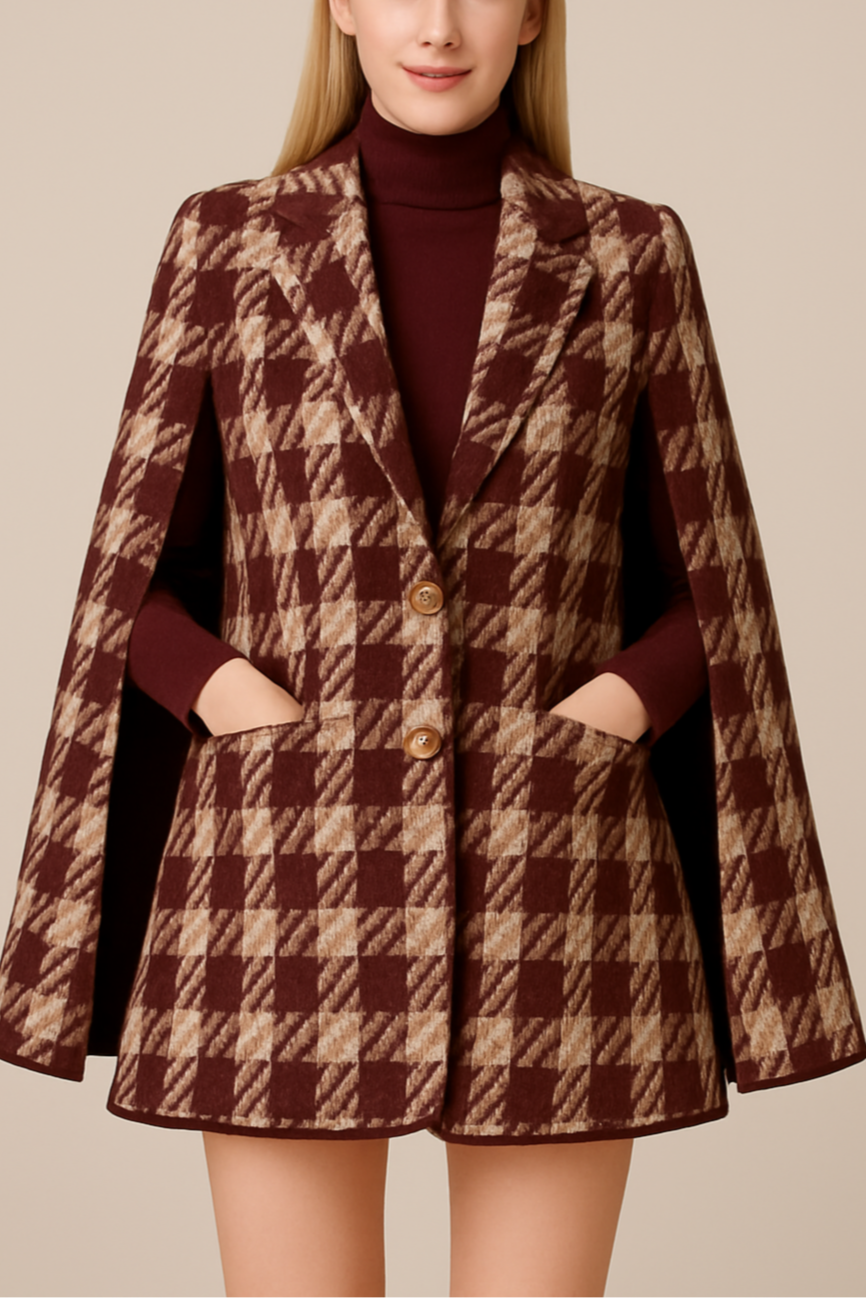 Carmine Juneberry houndstooth woolen cape coat and matching shorts set, stylish jackets and coats for a fashionable look