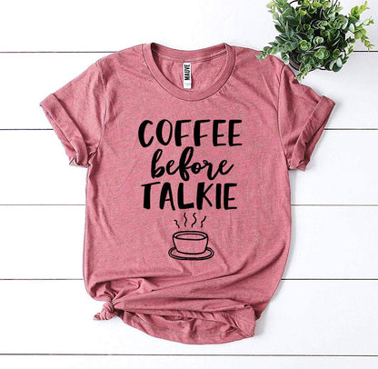 Agate Coffee Before Talkie T-shirt displayed flat, featuring black fabric with white text, casual short-sleeve unisex T-shirt.