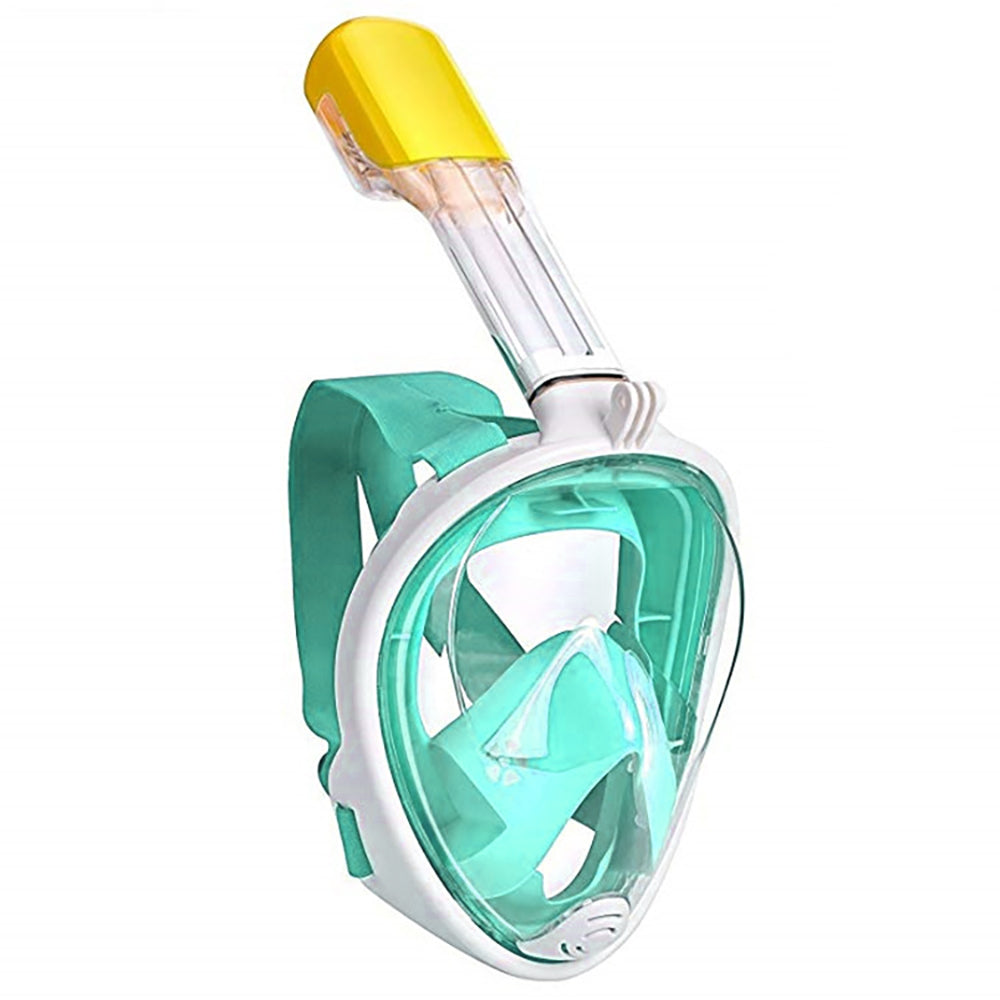 Teal Simba scuba diving mask with anti-fog coating, green silicone seal, adjustable strap, designed for underwater sports and snorkeling.