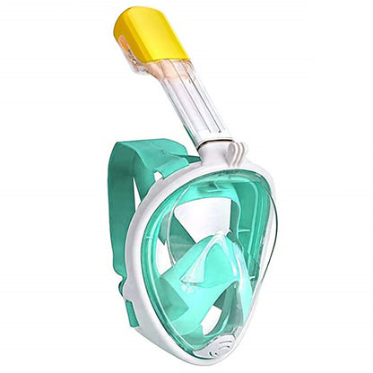 Teal Simba scuba diving mask with anti-fog coating, green silicone seal, adjustable strap, designed for underwater sports and snorkeling.